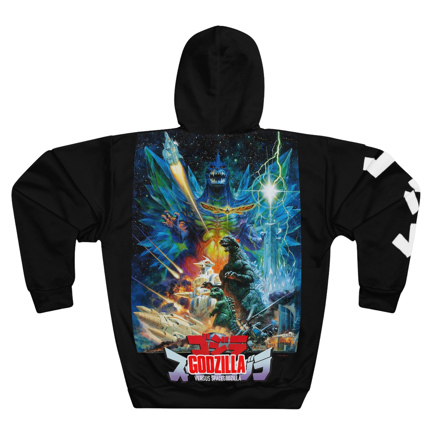 Back of Godzilla vs SpaceGodzilla hoodie — classic fit with drawstring hood and ribbed cuffs