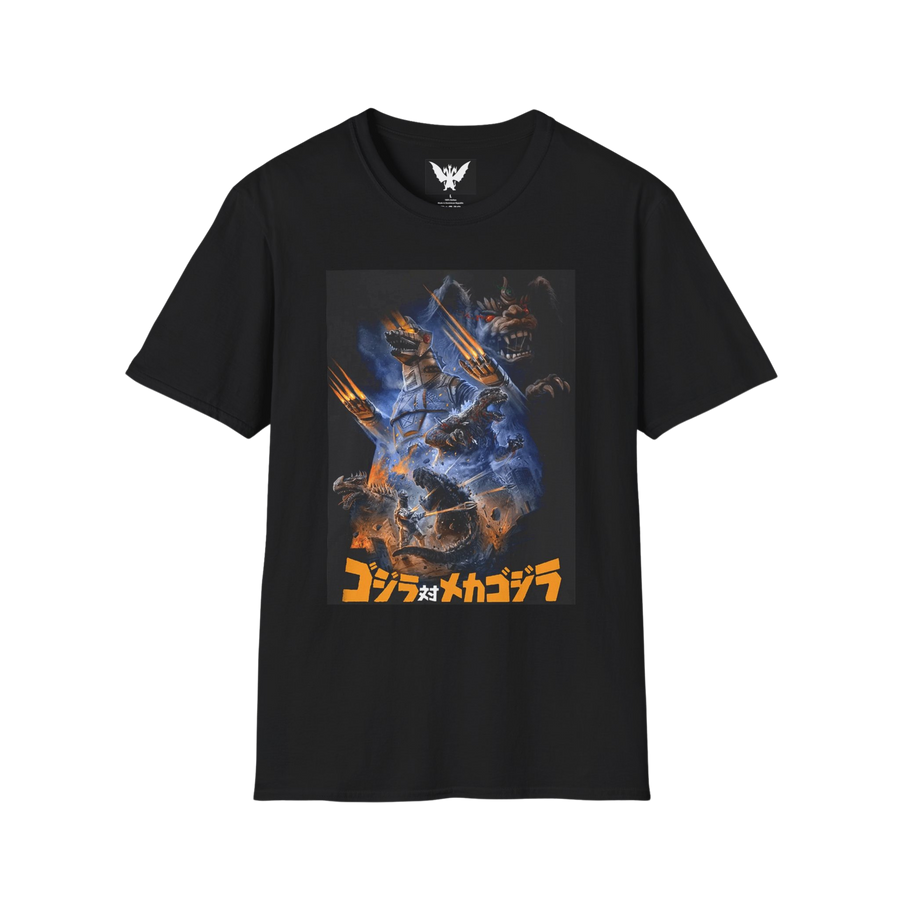 Mechagodzilla vs Godzilla t-shirt with battle scene design — classic kaiju showdown on black cotton tee