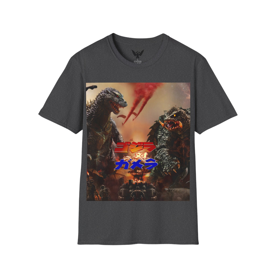 Godzilla vs Gamera t-shirt — epic kaiju battle artwork printed on dark heather cotton tee