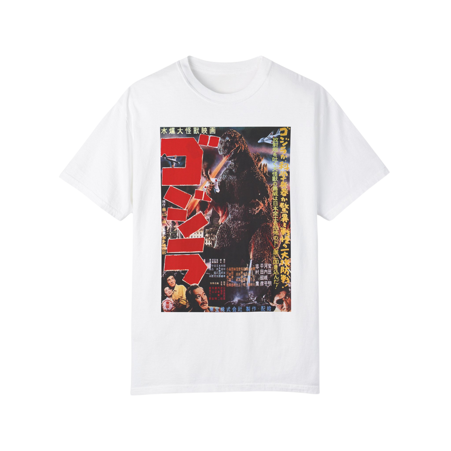 Godzilla 1954 movie poster t-shirt — vintage kaiju art on white cotton tee