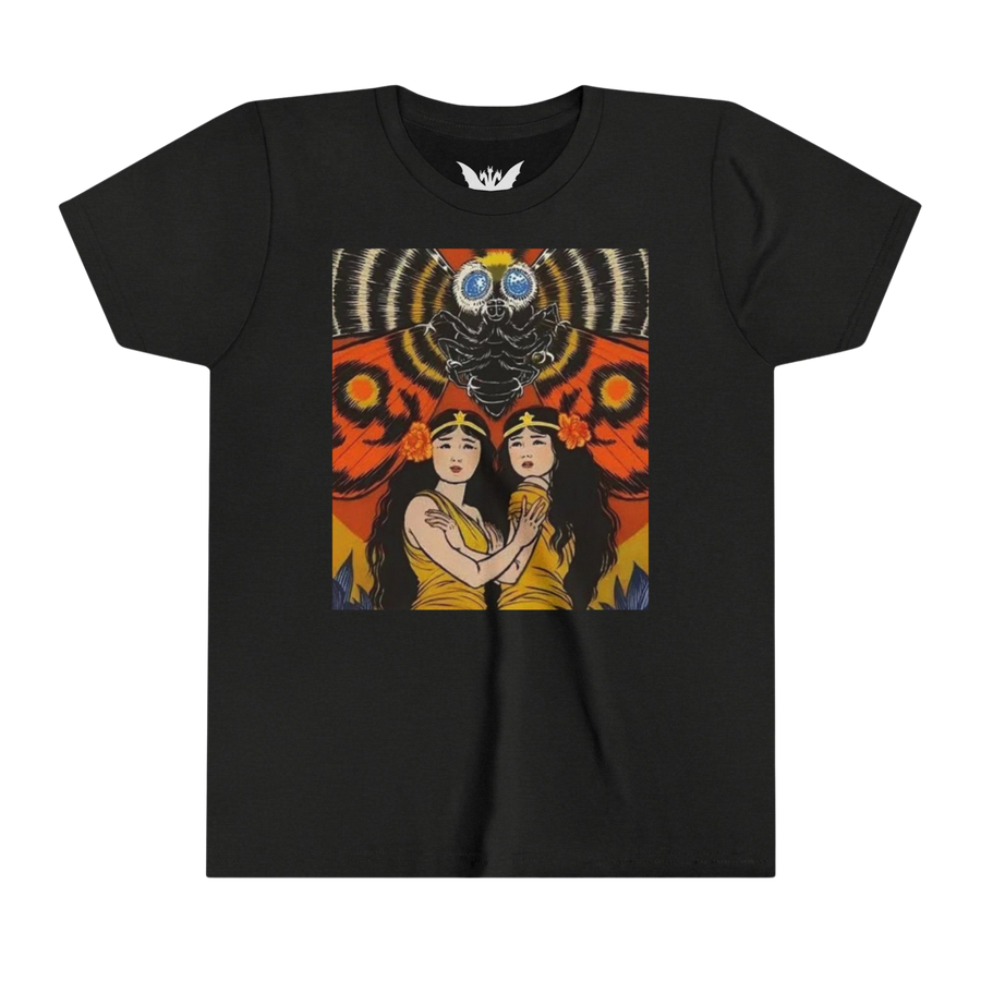 Mothra kids t-shirt — soft black heather cotton tee featuring colorful kaiju wings design