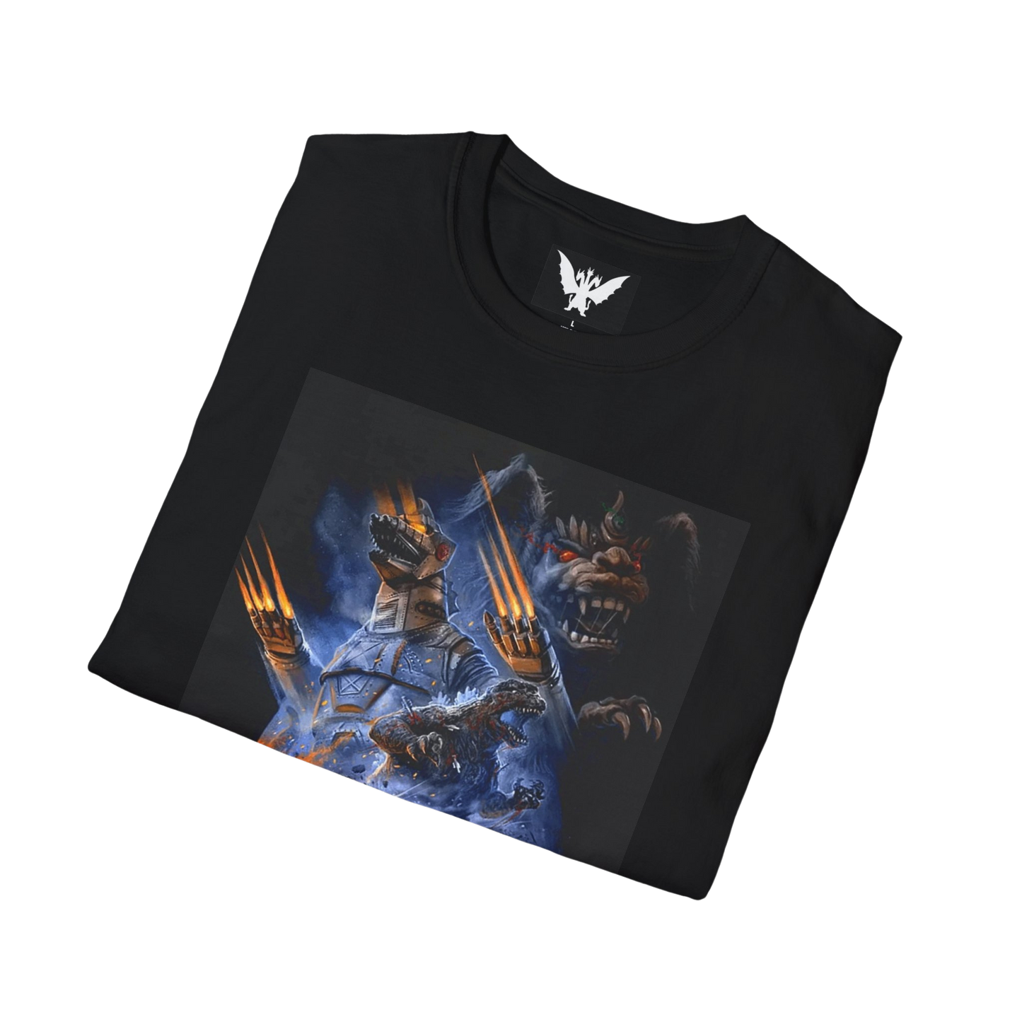Folded black Mechagodzilla vs Godzilla shirt — vintage-inspired monster tee for collectors