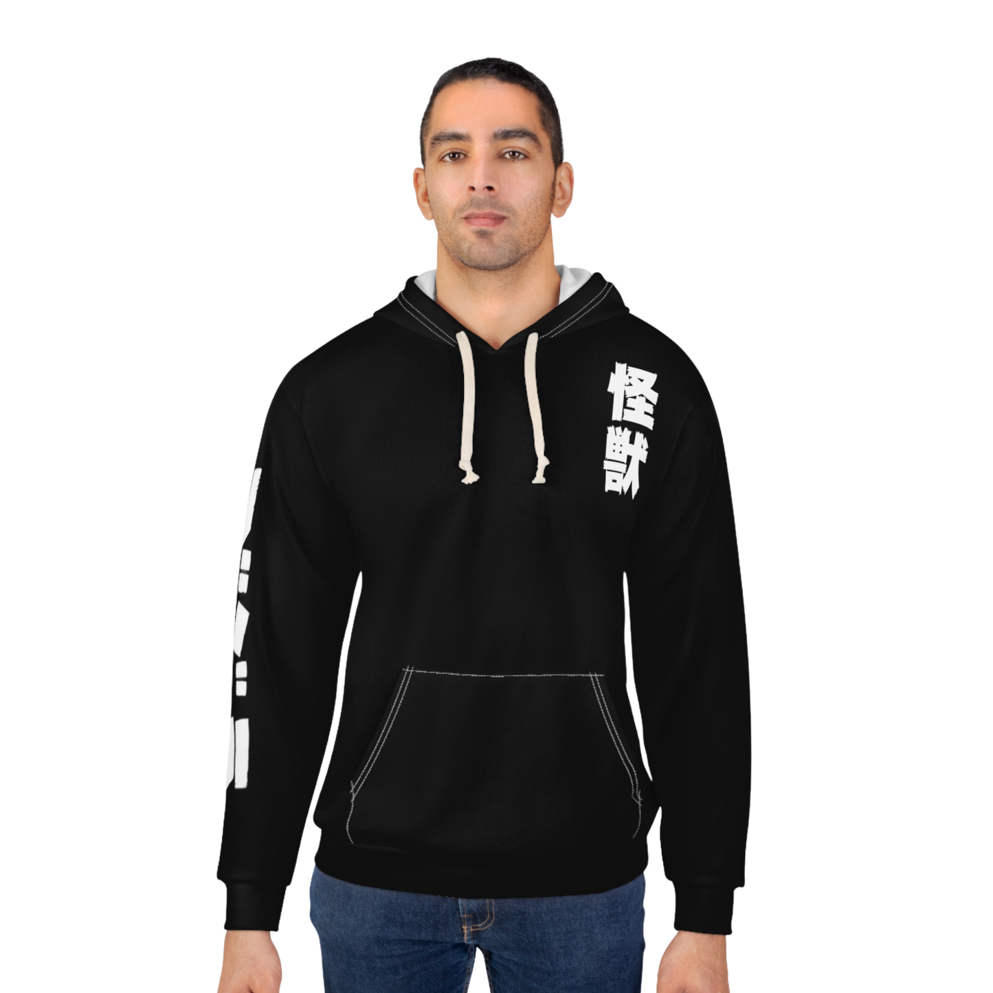 Male Model wearing Godzilla vs SpaceGodzilla pullover hoodie — 90s monster clash design for fans