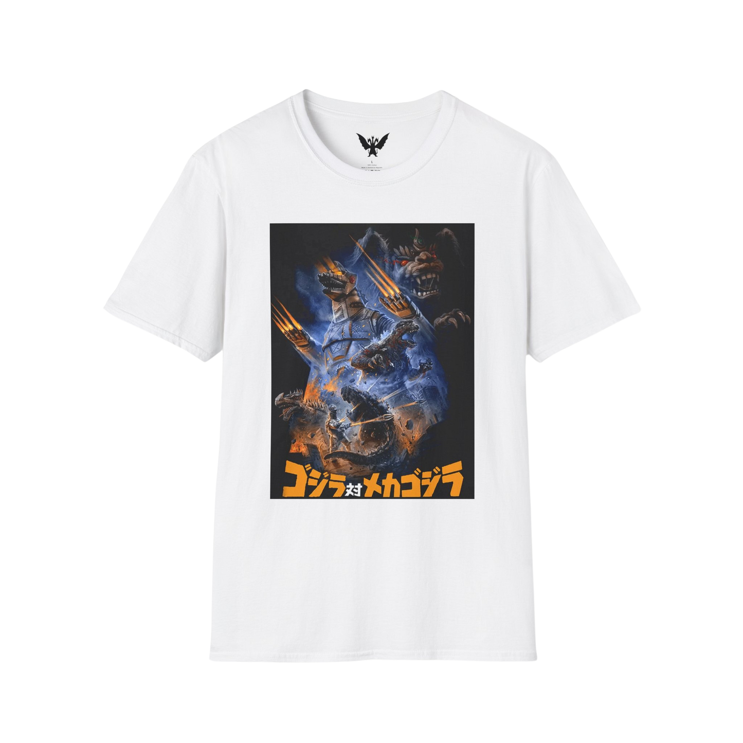 Mechagodzilla vs Godzilla t-shirt with battle scene design — classic kaiju showdown on white cotton tee