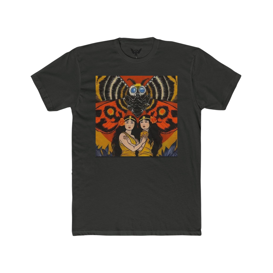 Black Mothra and the Fairies t-shirt — mystical design featuring Shobijin twins and Mothra in flight