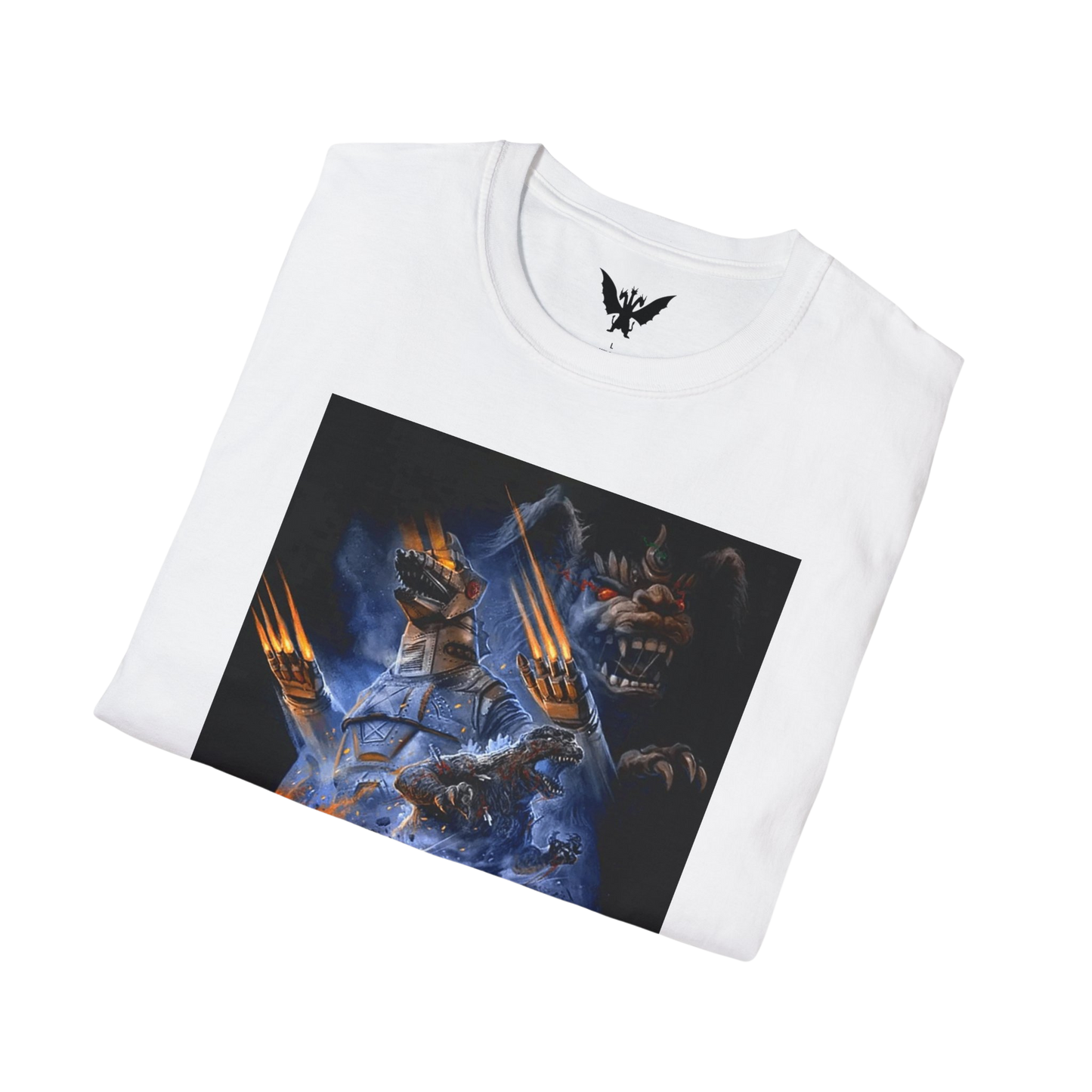 Folded white Mechagodzilla vs Godzilla shirt — vintage-inspired monster tee for collectors