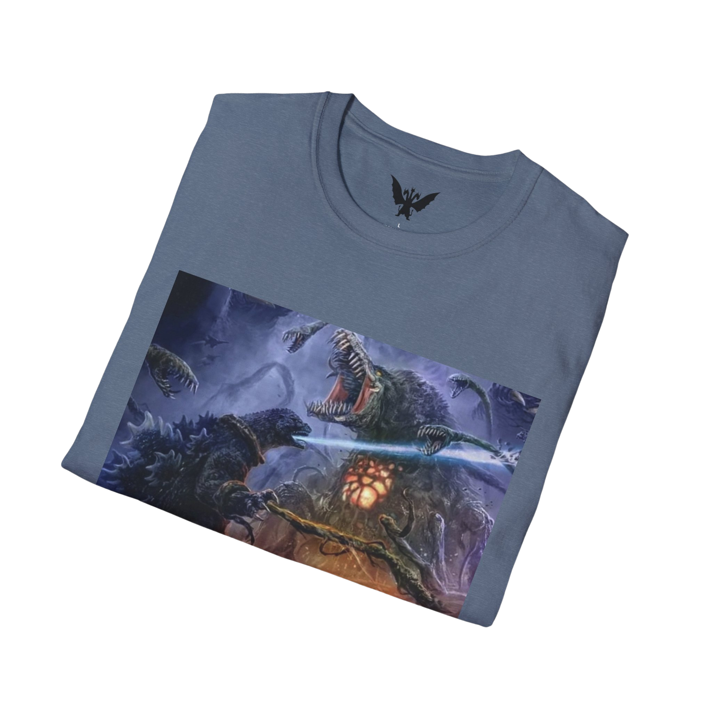 Folded Godzilla vs Biollante t-shirt showcasing front graphic design in blue color