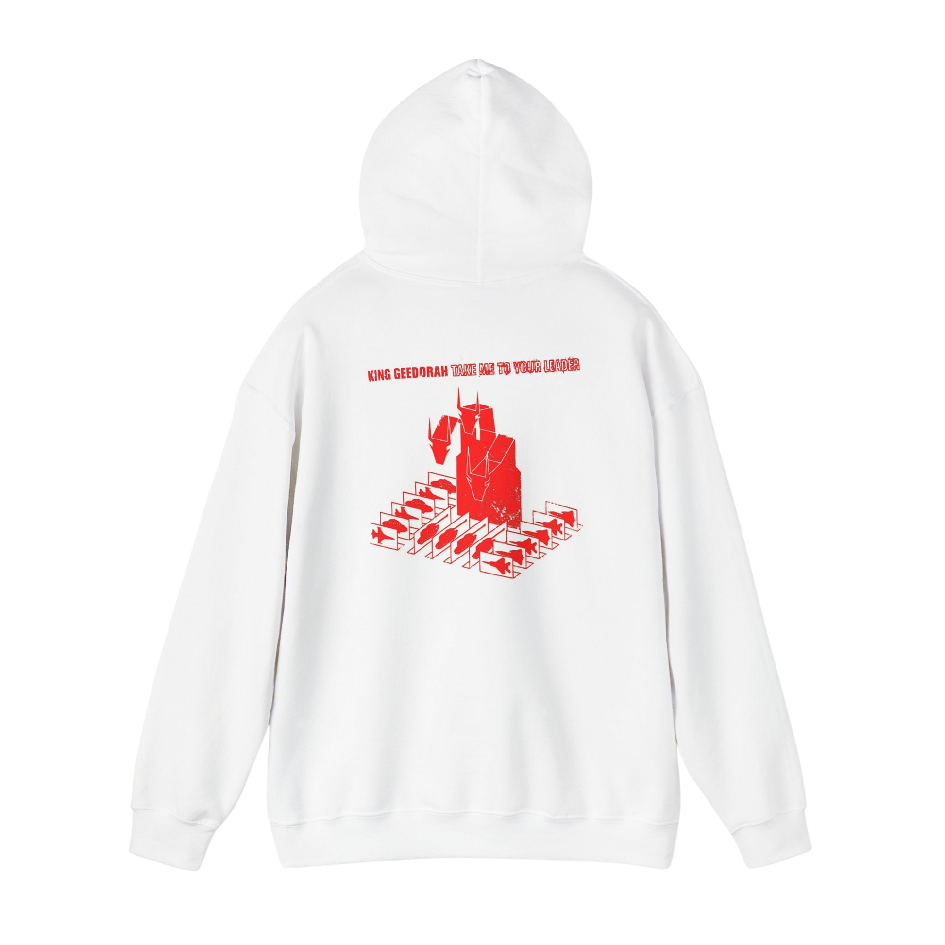 Back of White Take Me To Your Leader hoodie — relaxed fit with soft fleece lining