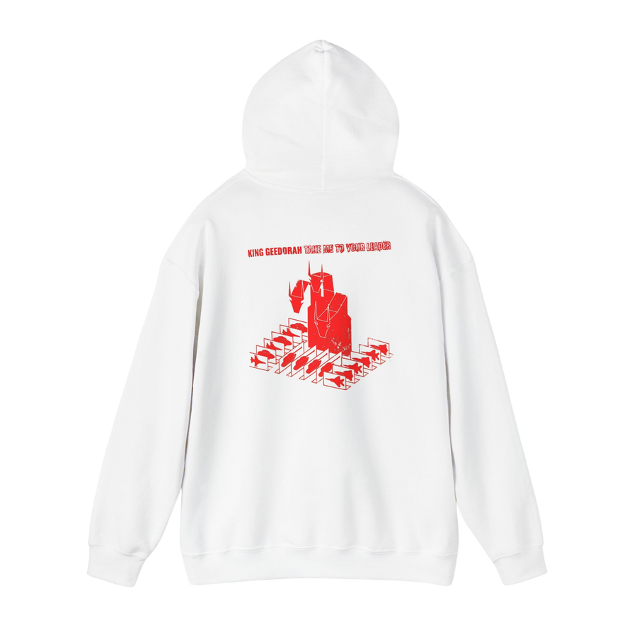 Back of White Take Me To Your Leader hoodie — relaxed fit with soft fleece lining