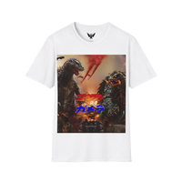 Front of Godzilla and Gamera fight shirt — dramatic monster clash in cityscape setting