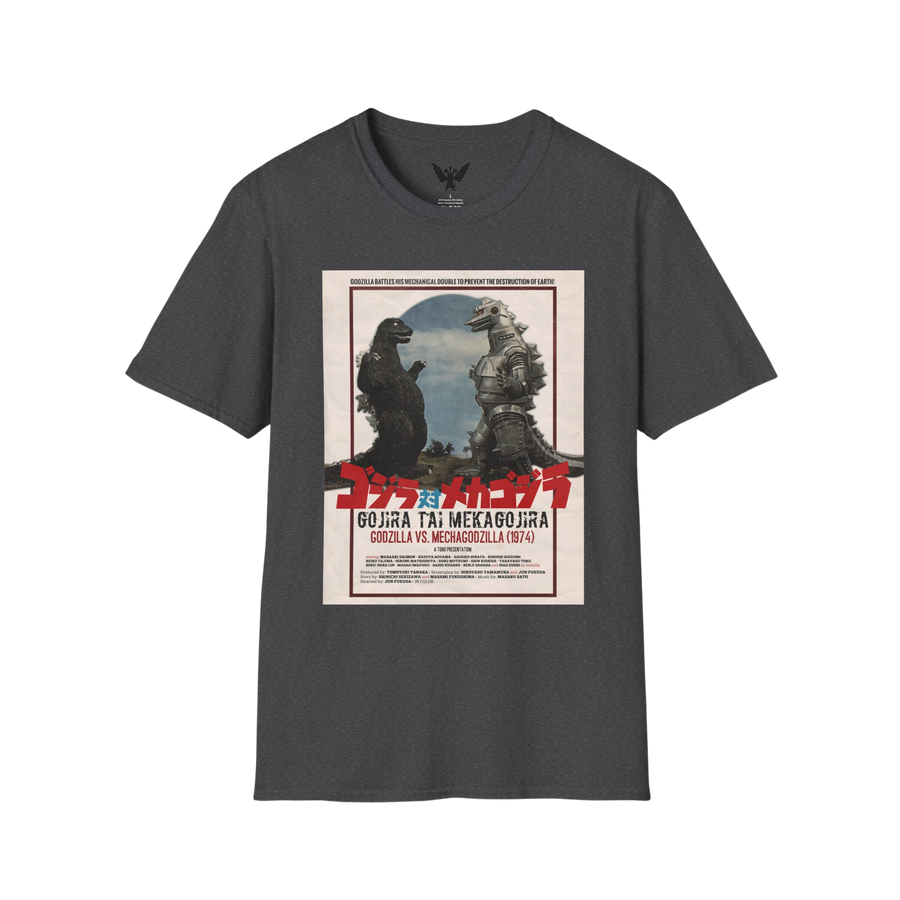 Dark Heather Godzilla vs Mechagodzilla 1974 poster t-shirt — vintage kaiju movie art printed on black cotton tee