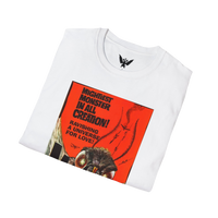 Close-up of White Mothra 1961 movie artwork — stylized wings and retro typography on t-shirt