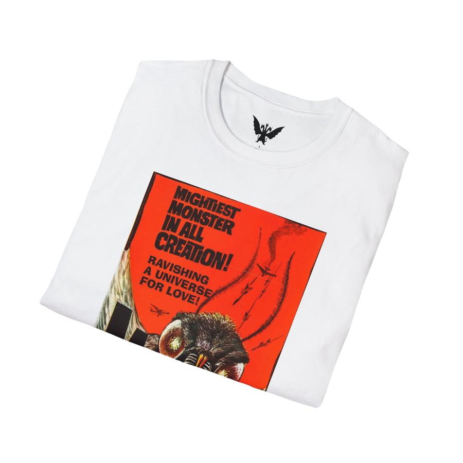 Close-up of White Mothra 1961 movie artwork — stylized wings and retro typography on t-shirt