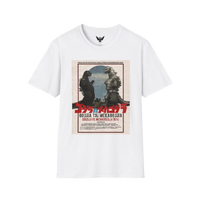 White Godzilla vs Mechagodzilla 1974 poster t-shirt — vintage kaiju movie art printed on black cotton tee