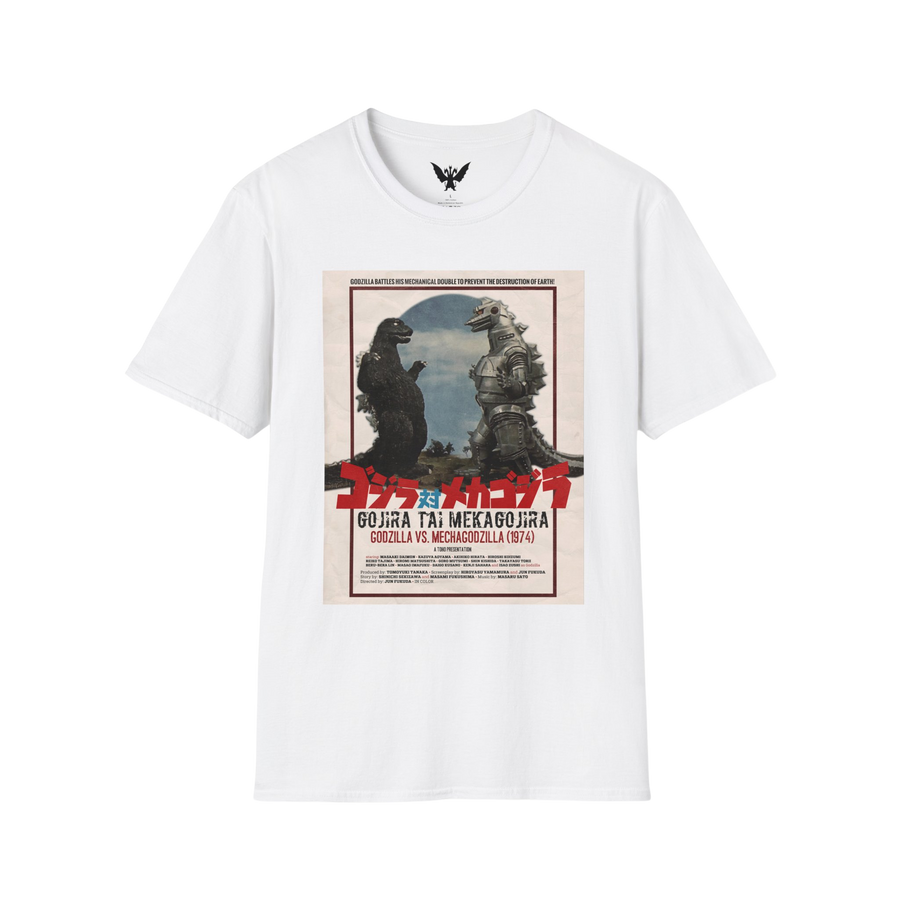 White Godzilla vs Mechagodzilla 1974 poster t-shirt — vintage kaiju movie art printed on black cotton tee
