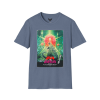 Godzilla vs Biollante 1989 t-shirt featuring retro movie poster artwork — heather indigo cotton tee for kaiju fans