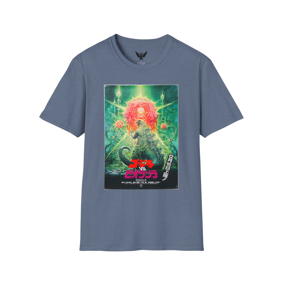 Godzilla vs Biollante 1989 t-shirt featuring retro movie poster artwork — heather indigo cotton tee for kaiju fans