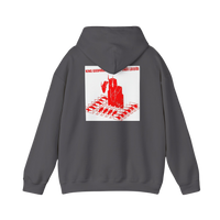 Close-up of Charcoal Ghidorah alien invasion hoodie print — gold three-headed dragon with UFO motif