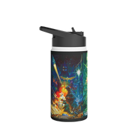 Close-up of detailed Godzilla illustration on stainless steel water bottle — high-res kaiju graphic