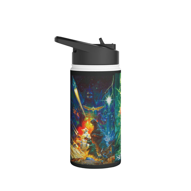 Close-up of detailed Godzilla illustration on stainless steel water bottle — high-res kaiju graphic