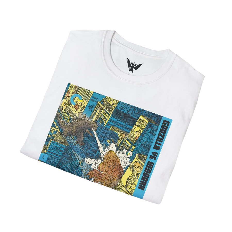 Folded vintage white Godzilla vs Hedorah tee — collectible t-shirt inspired by the cult monster film