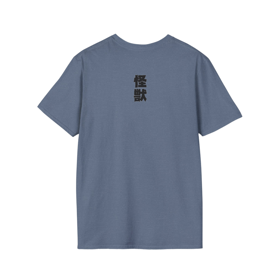 Rear view of Godzilla vs Biollante 1989 t-shirt — soft heather indigo fabric with standard fit