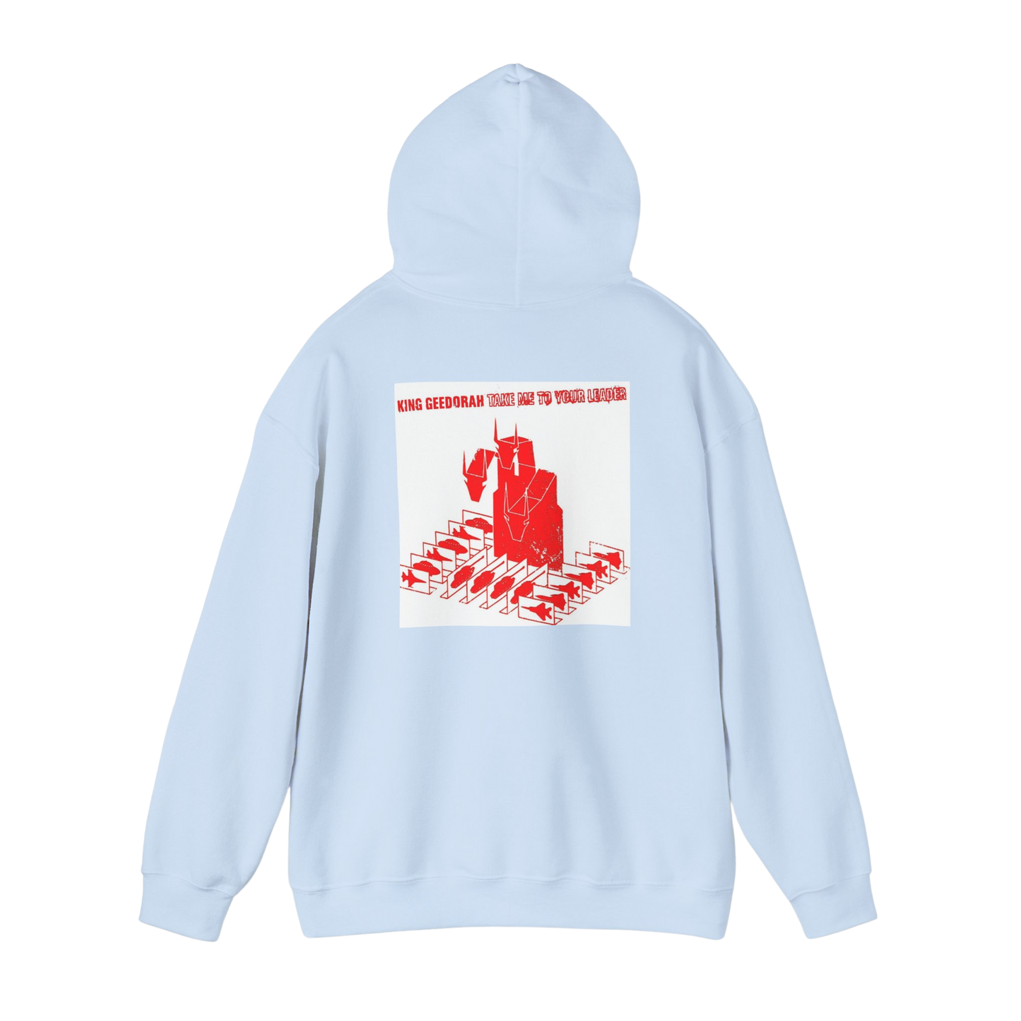 Back of Light blue Take Me To Your Leader hoodie — relaxed fit with soft fleece lining