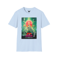 Godzilla vs Biollante 1989 t-shirt featuring retro movie poster artwork — light blue cotton tee for kaiju fans