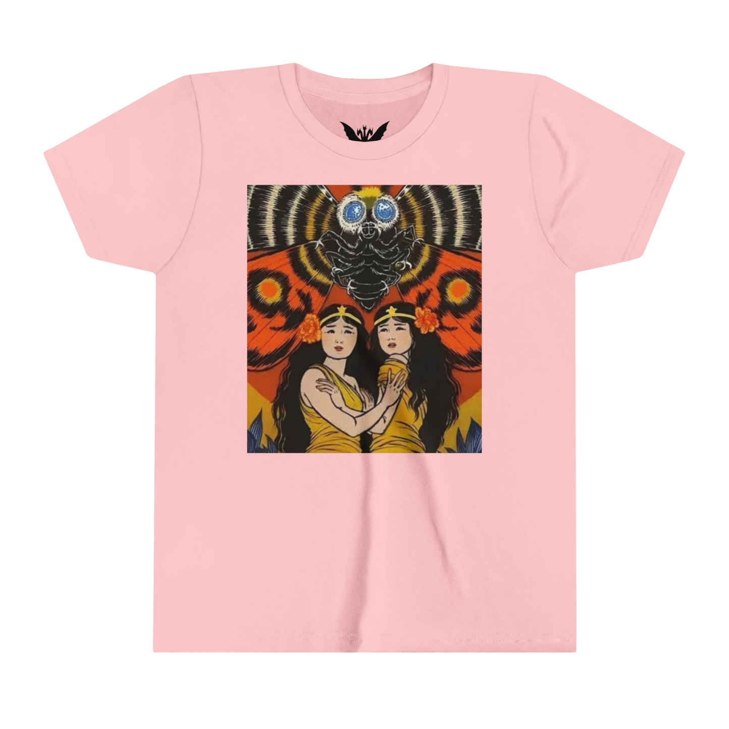 Mothra kids t-shirt — soft pink cotton tee featuring colorful kaiju wings design
