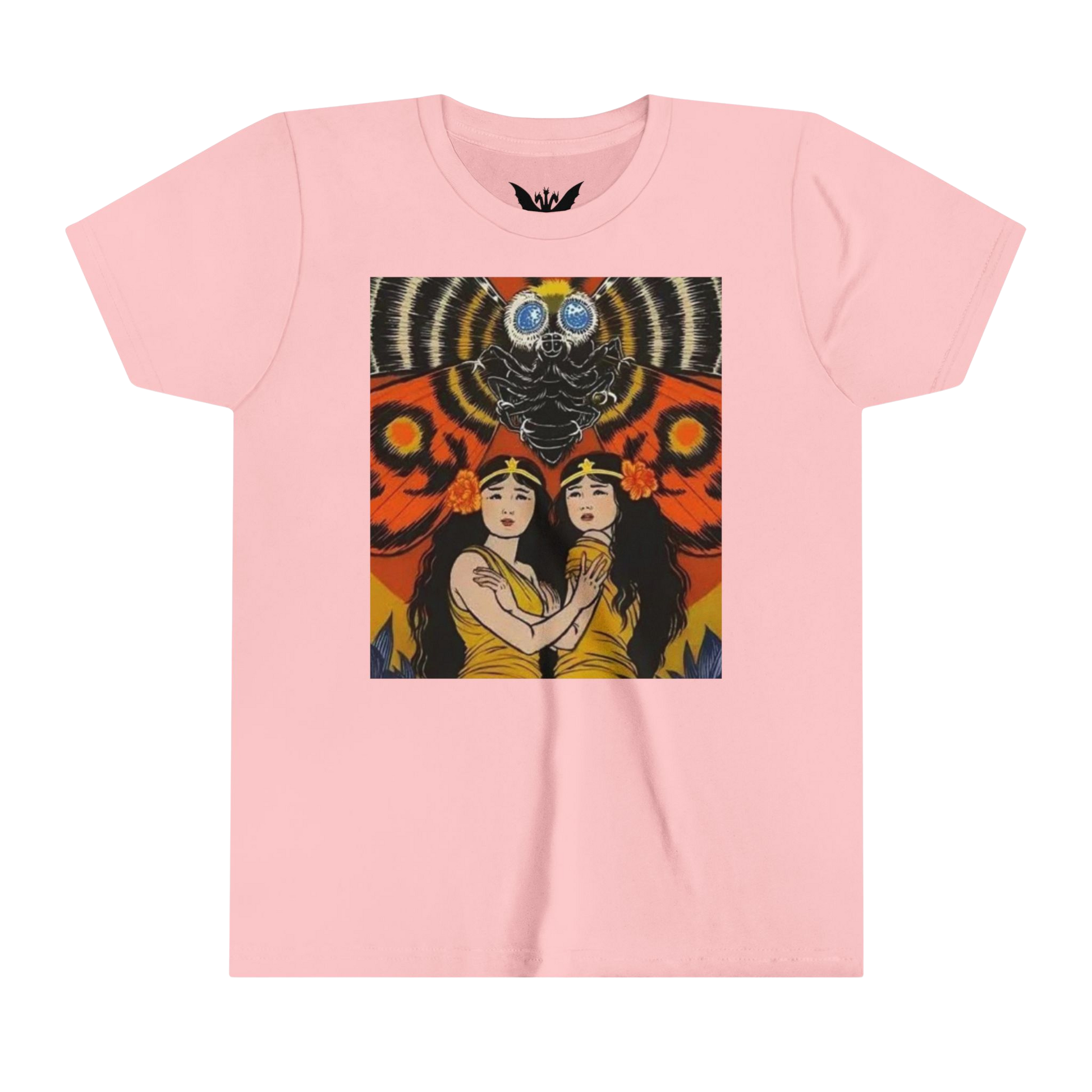 Mothra kids t-shirt — soft pink cotton tee featuring colorful kaiju wings design