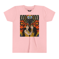Mothra kids t-shirt — soft pink cotton tee featuring colorful kaiju wings design