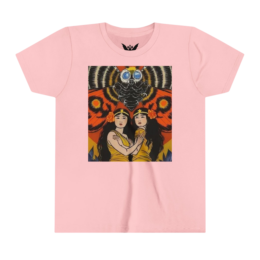 Mothra kids t-shirt — soft pink cotton tee featuring colorful kaiju wings design