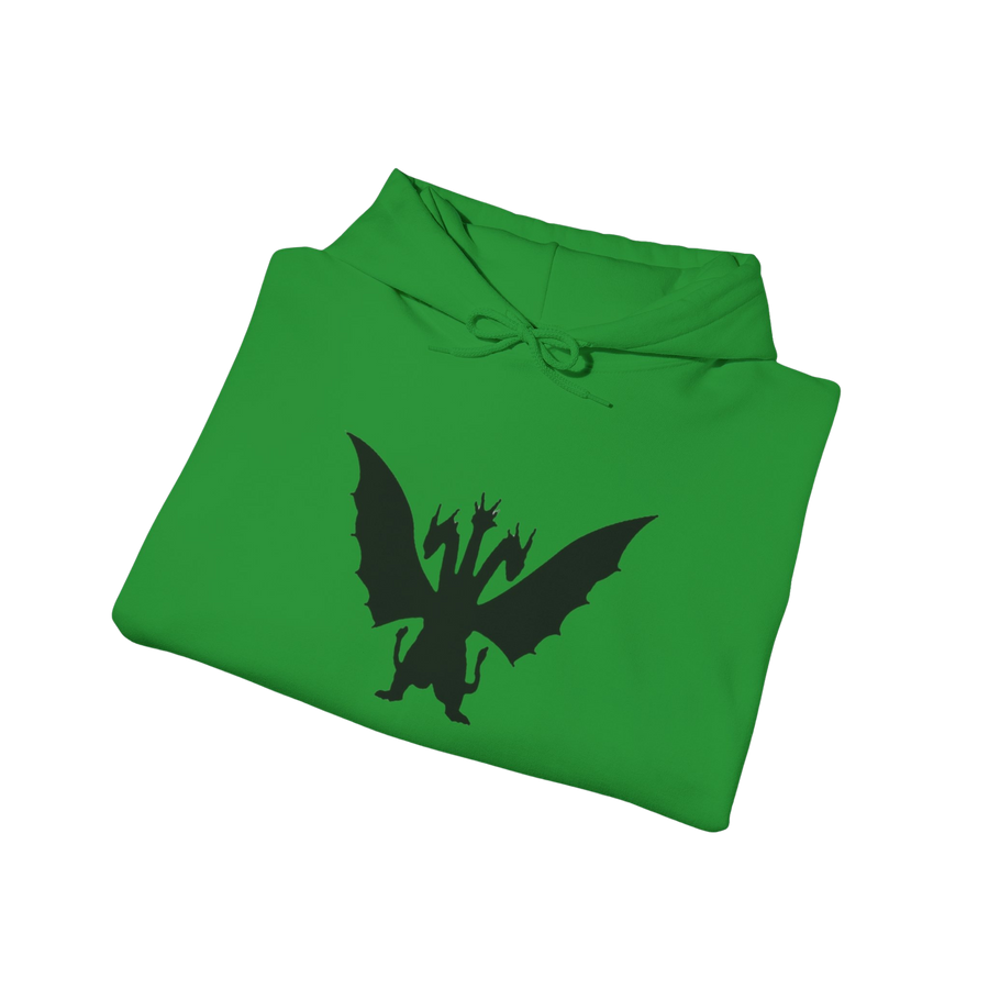 Folded Irish Green King Ghidorah hoodie — streetwear-style Godzilla apparel for kaiju fans