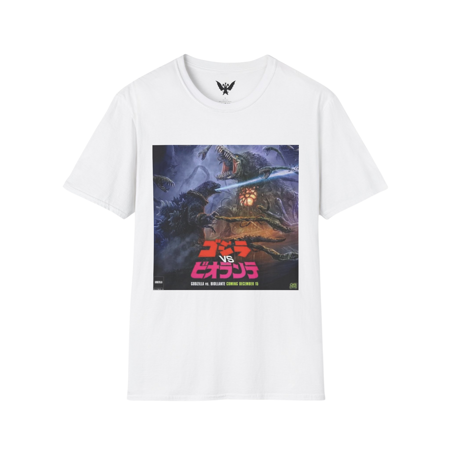 Vintage-style Godzilla vs Biollante 1989 battle graphic on t-shirt — classic kaiju showdown for monster movie fans in white