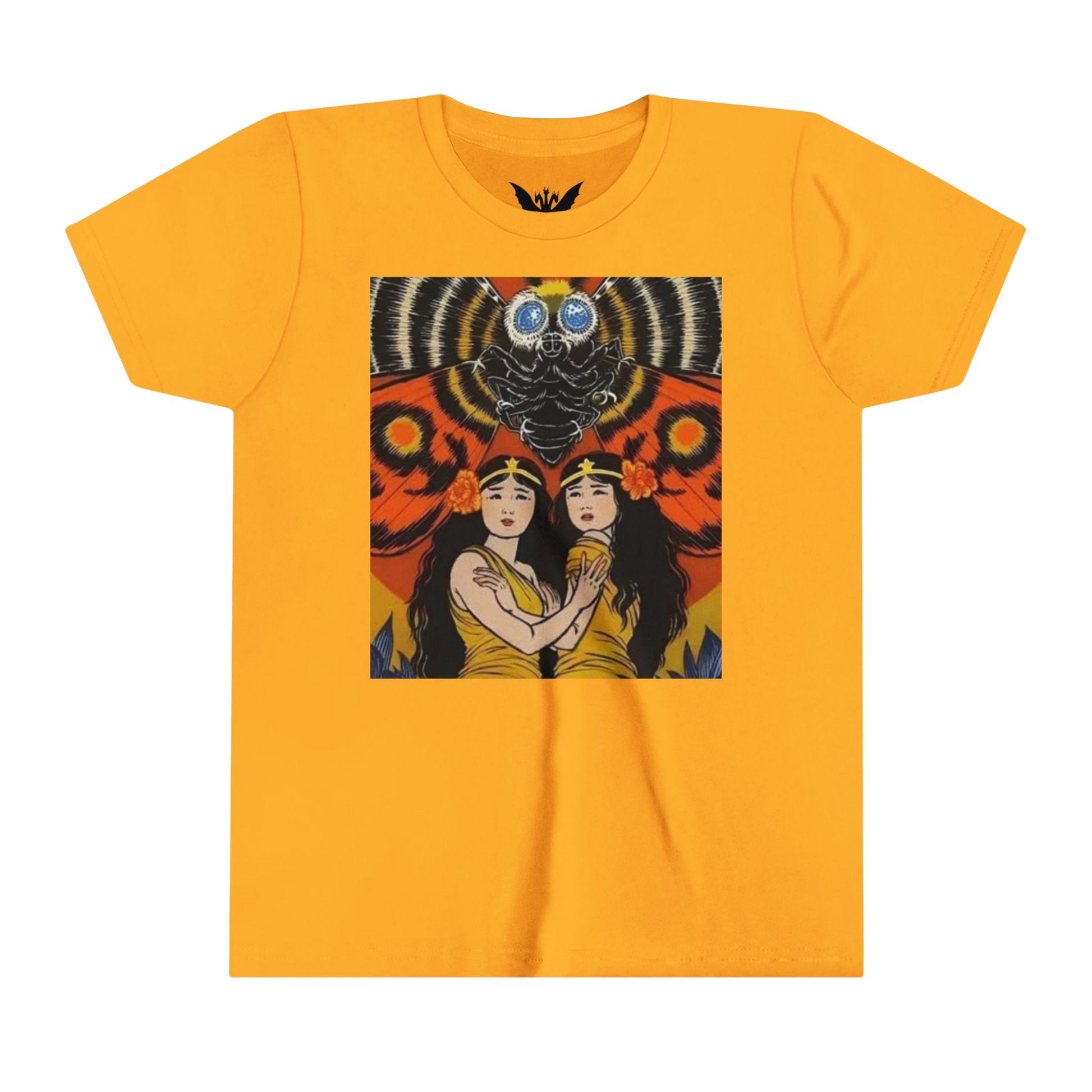 Mothra kids t-shirt — soft gold cotton tee featuring colorful kaiju wings design