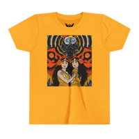 Mothra kids t-shirt — soft gold cotton tee featuring colorful kaiju wings design