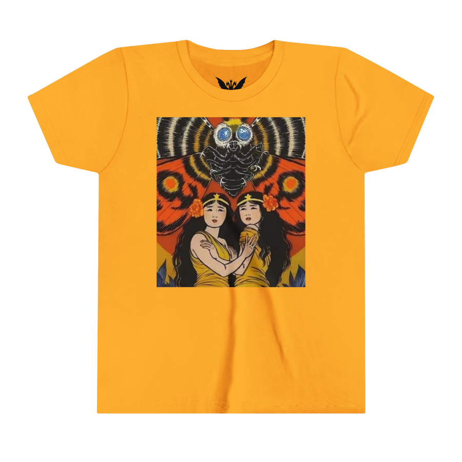 Mothra kids t-shirt — soft gold cotton tee featuring colorful kaiju wings design