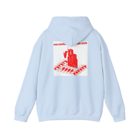 Close-up of light blue Ghidorah alien invasion hoodie print — gold three-headed dragon with UFO motif