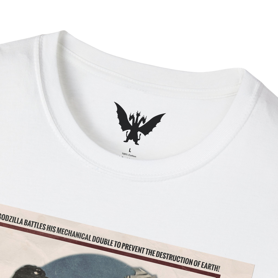 Close-up of White 1974 Godzilla vs Mechagodzilla poster art — vibrant colors and detailed kaiju battle print