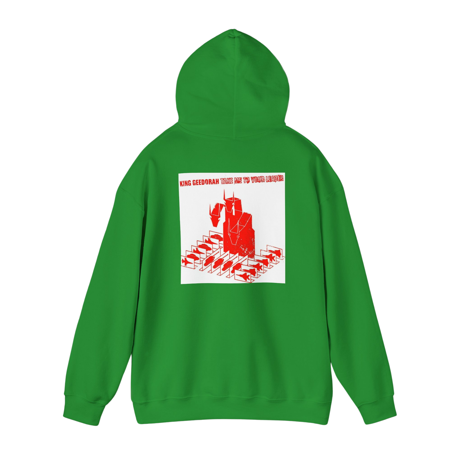 Back of Irish Green Take Me To Your Leader hoodie — relaxed fit with soft fleece lining