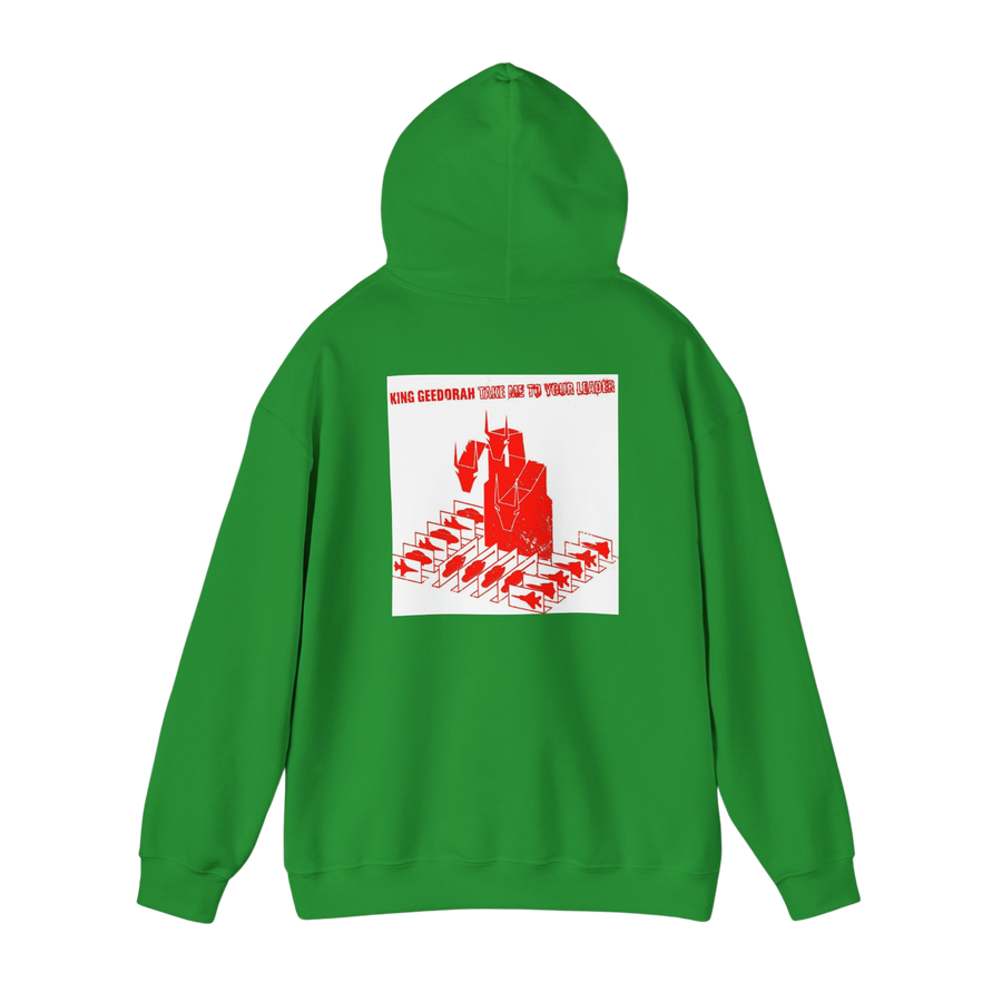 Back of Irish Green Take Me To Your Leader hoodie — relaxed fit with soft fleece lining