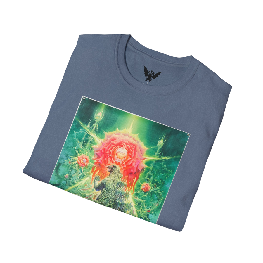 Folded heather indigo Godzilla vs Biollante 1989 tee — officially-inspired monster movie apparel for collectors