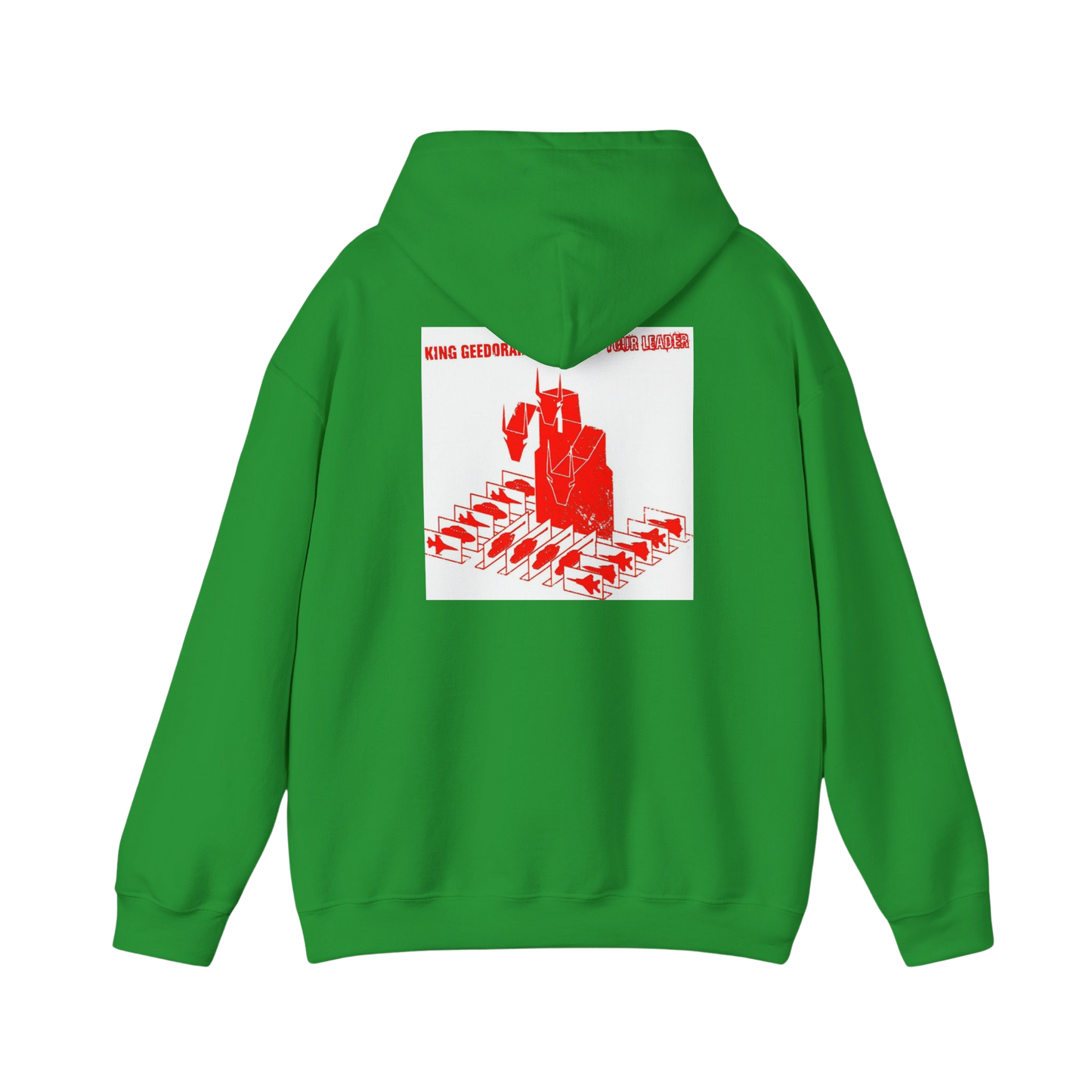 Close-up of Irish Green Ghidorah alien invasion hoodie print — gold three-headed dragon with UFO motif