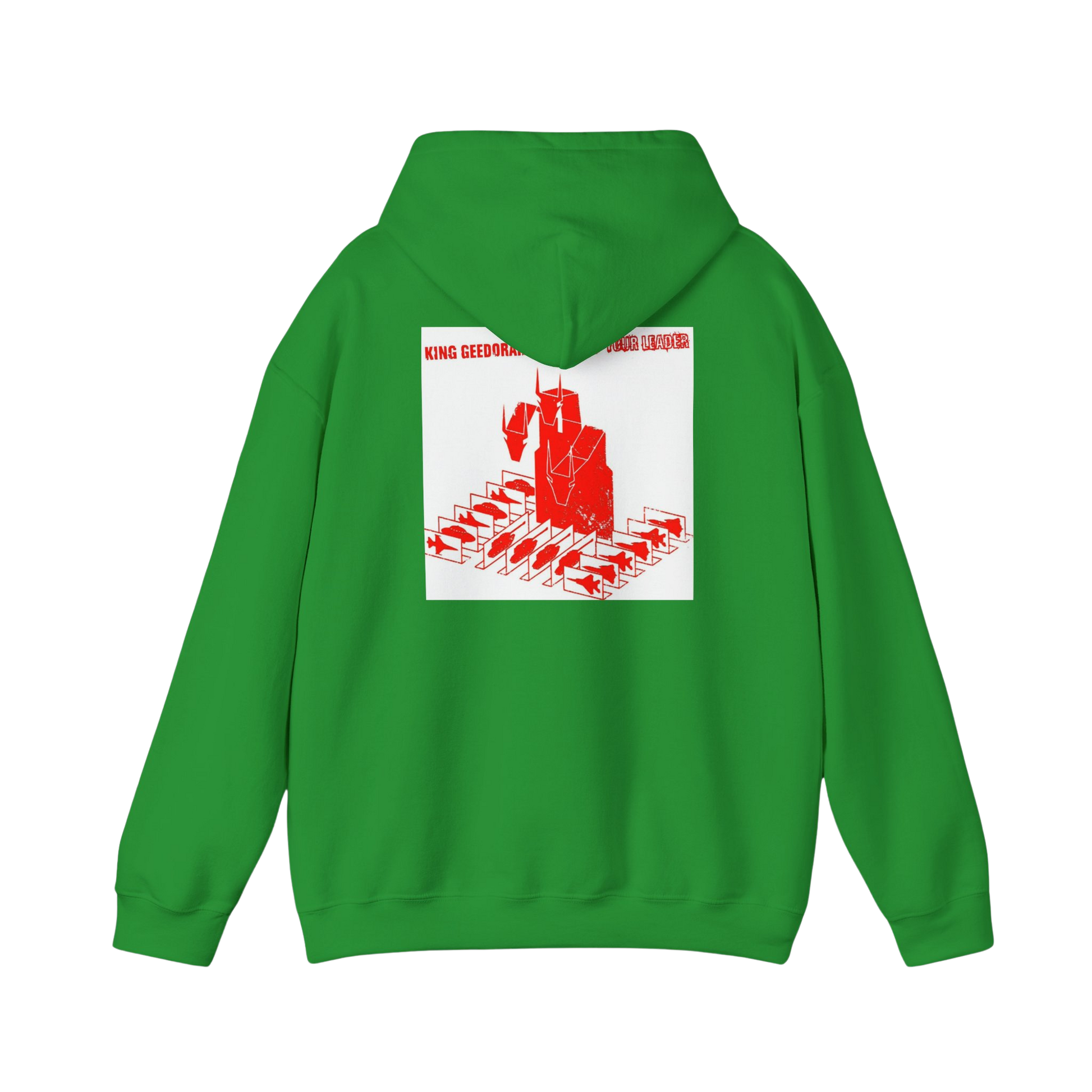 Close-up of Irish Green Ghidorah alien invasion hoodie print — gold three-headed dragon with UFO motif