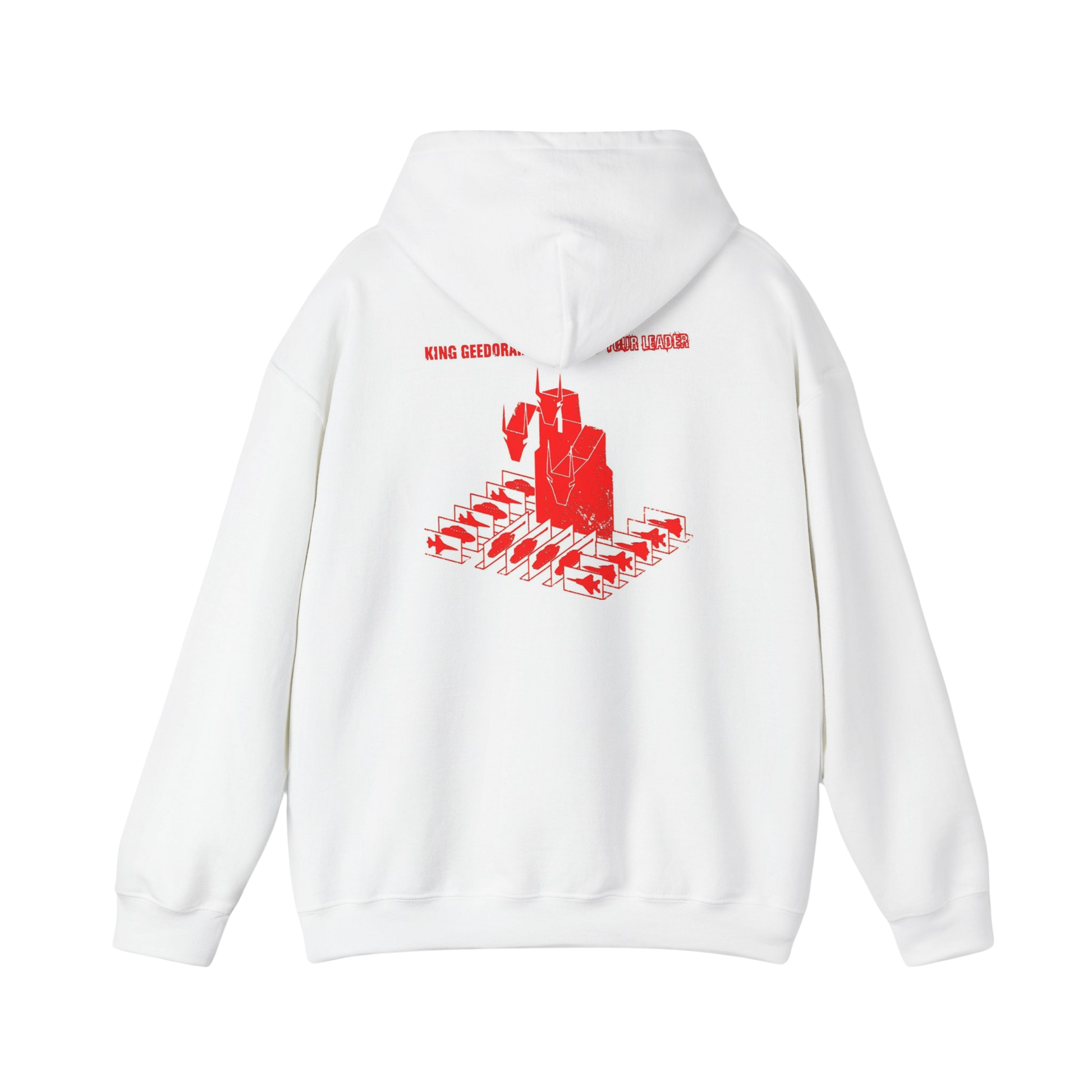 White Close-up of Ghidorah alien invasion hoodie print — gold three-headed dragon with UFO motif