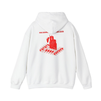 White Close-up of Ghidorah alien invasion hoodie print — gold three-headed dragon with UFO motif