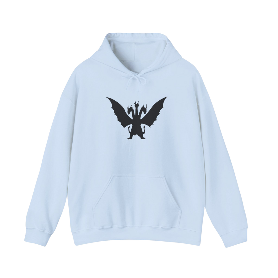 Light blue King Ghidorah “Take Me To Your Leader” hoodie — sci-fi kaiju streetwear with bold front graphic