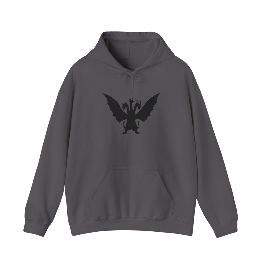 Charcoal King Ghidorah “Take Me To Your Leader” hoodie — sci-fi kaiju streetwear with bold front graphic