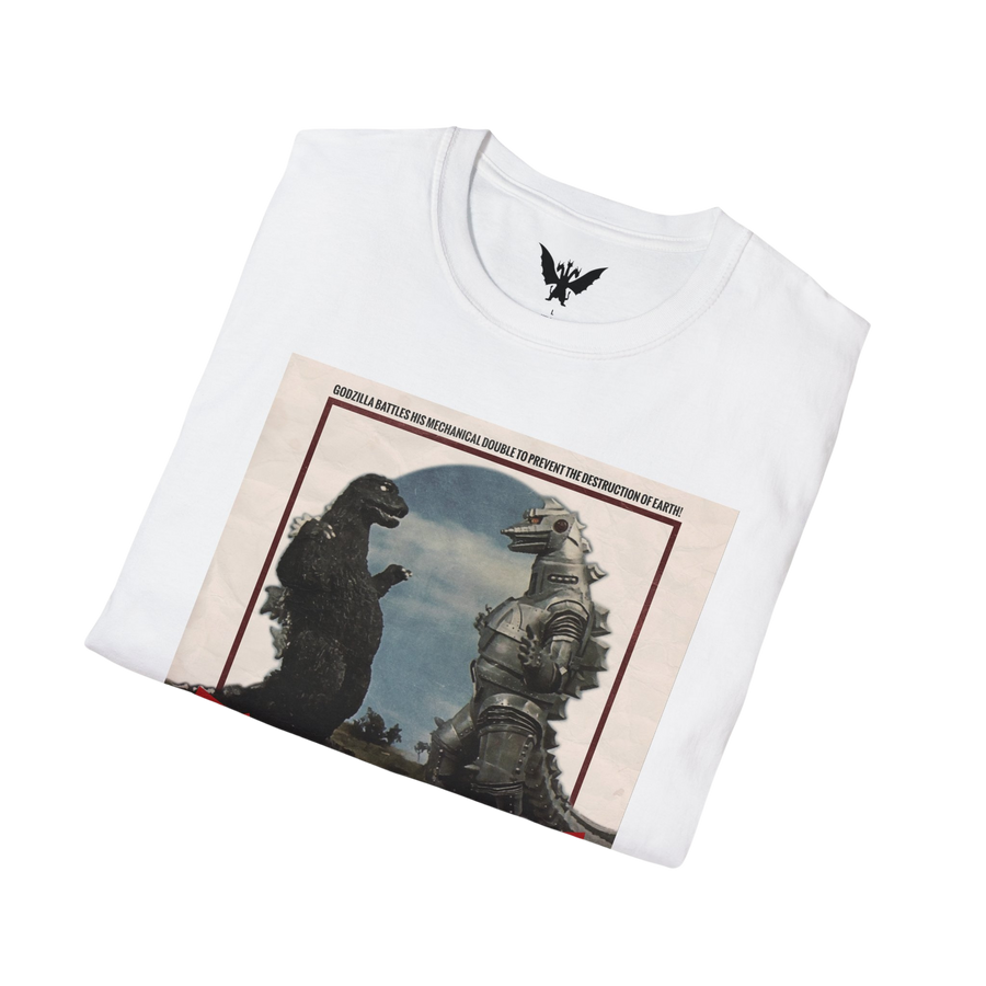 White Folded Godzilla vs Mechagodzilla 1974 tee — collectible monster movie apparel