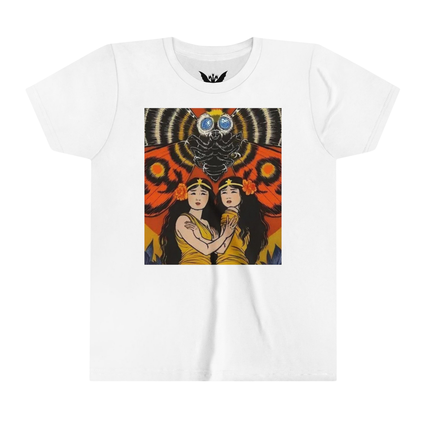 Mothra kids t-shirt — soft white cotton tee featuring colorful kaiju wings design
